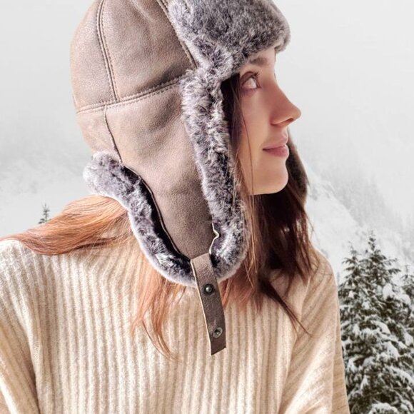 Shearling Sheepskin Leather Trapper Hat Aviator | Winter Hat | Ushanka - Picture 8 of 10